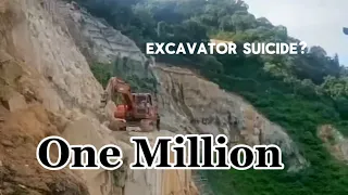 Excavator falling down from the mountain