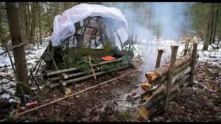 Solo Winter Bushcraft Camp-Minimal Gear Supershelter Build in a Snowy Forest