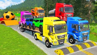 Double Flatbed Trailer Truck vs Speedbumps Train vs Cars | Tractor vs Train Beamng.Drive 032