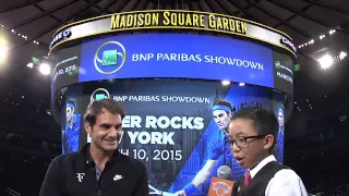 Knicks kid reporter interviews Roger Federer and shows Roger his dance moves