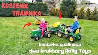 Koszenie trawnika. Dwa traktory Rolly Toys. Kosiarka spalinowa.