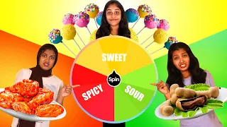 COLOUR WHEEL OF SWEET Vs SOUR Vs SPICY FOOD CHALLENGE 🤩 | PULLOTHI