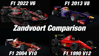 F1 Comparison Zandvoort - V6 vs V8 vs V10 vs V12 Engine (2022 vs 2013 vs 2004 vs 1990)