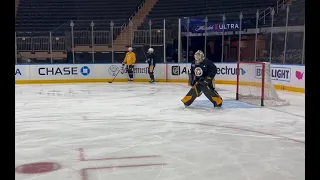 Tristan Jarry taking shots during Penguins' optional skate before Game 5 in New York