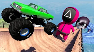 Epic High Speed Car Jumps #148 – BeamNG Drive Cars Jumping Over Squid Game Worker