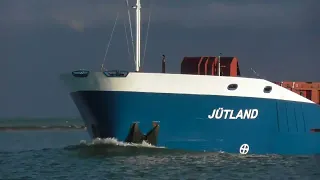 General cargo ship JUTLAND 90 x 13m entering Mornington 3 Dec 2023.