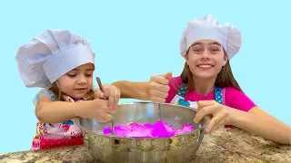 Nastya and Mia want to be like mom prepare pancakes for Artem