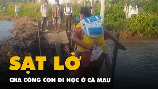 Sạt lở ở Cà Mau, cha cõng con đi học