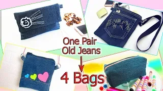 4 DIY Easy Bags Out Of One Pair Jeans No Sew - Recycled From Denim - Old Jeans Crafts Ideas