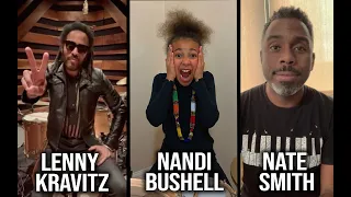 Lenny Kravitz and Nate Smith present Nandi Bushell with her new Custom Ludwig Legacy Mahogany Drums