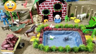 Diy making mini Farm Diorama With house for cow,pig- mini hand pump supply water pool for Garden