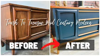 Extreme Mid Century TRANSFORMATION using blue paint and stain || DIY furniture flip MAKEOVER