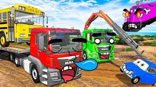 Long Cars vs Funny Cars with Monster Truck Rescue Bus - Cars vs Rails and Train - BeamNG Drive