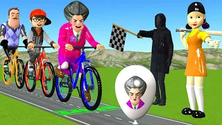 Scary Teacher 3D vs Squid Game Flying Bicycles and Exploding Balloons with 3 Times Challenge