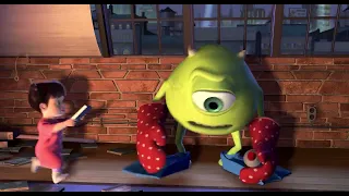 Mike and Sullivan handling Boo at the apartment (Monsters Inc 2001)