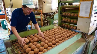 Mass production process of rubber baseballs and softballs at a 100-year-old Japanese factory.