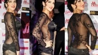 Sunny Leone Arrives At Jackpot Permiere In Transparent Dress Revealing Panty