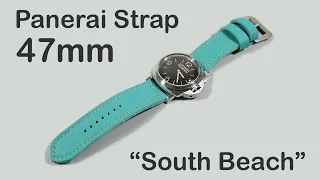 Panerai 47mm Strap "South Beach" Turquoise Blue Handmade shown on Luminor Marina PAM00372