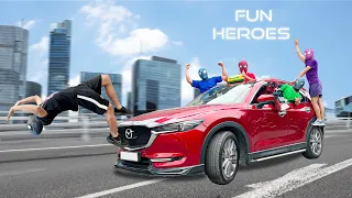 SPIDER-MAN Bros Destroy Deadpool's Taxi Car ( Comedy Video by Fun Heroes )