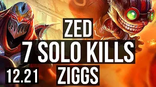 ZED vs ZIGGS (MID) | 4.0M mastery, 7 solo kills, Legendary, 800+ games, 19/5/8 | EUW Master | 12.21