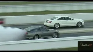 Turbo Supra Crash vs. 2012 RENNtech Mercedes CLS63 AMG - Drag Race Video - Road Test TV ®