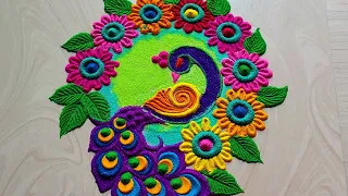 #1252 Peacock freehand rangoli design || satisfying video || sand art