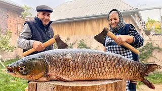 Cooking A Whole Huge Fish with Vegetables and Sauce in the Stone Oven!