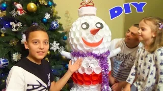 СНЕГОВИК из пластиковых стаканчиков DIY Настя Саша папа и мама поют вместе Snowman of cups Holidays