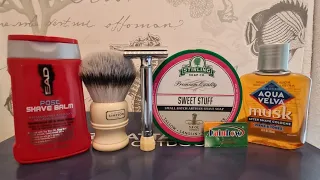Simpson trafalgar T3 brush: Stirling sweet stuff soap, progress razor&rainbow blade
