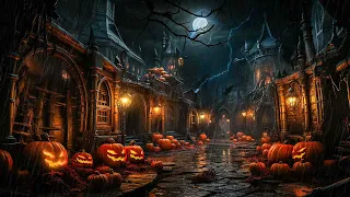 Rainy Haunted Town Halloween Ambience with Relaxing Heavy Rain & Thunderstorm Sounds, Night Sounds🎃