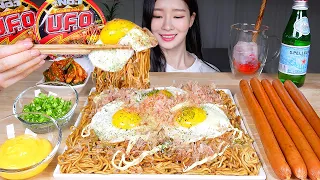 마요네즈 가쓰오부시 듬뿍! 야끼소바 🤤 롱소세지 반숙후라이 파김치 먹방 ASMR MUKBANG | Yakisoba & Long Sausage & Pa-Kimchi & Cheese