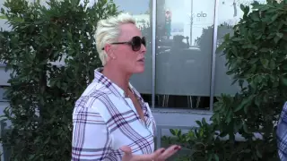 Brigitte Nielsen taks about if she'd ever do an Expendables movie while walking on Canon Dr in Bever