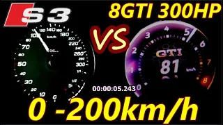 2021 VW Golf 8 GTI 245 hp vs  Audi S3 300 HP Acceleration Sound 0-200 km/h 100-200km/h