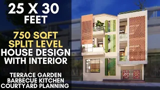 25X 30 Feet, 750 sqft House with Split Levels | Indian Courtyard House | Brick Jali Façade | ID-056