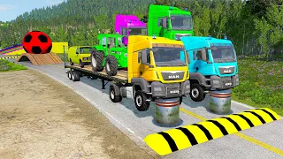 Double Flatbed Trailer Truck vs Speedbumps | Train vs Cars | Tractor vs Train | BeamNG.Drive #4