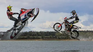 Snowmobile against a motorcycle on the water. WHO WINS?