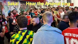 Arsenal fans singing the new Bukayo Saka song at the Emirates Stadium Aug 26 2023 with lyrics.