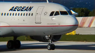 Aegean Airlines/Airbus A320 "Nikos Kazantzakis" taking off from Mytilene airport to Athens.