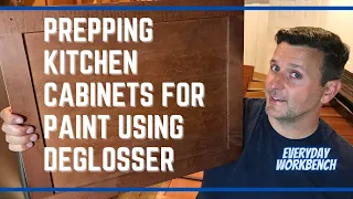 Prepping kitchen cabinets for painting using deglosser instead of sandpaper.