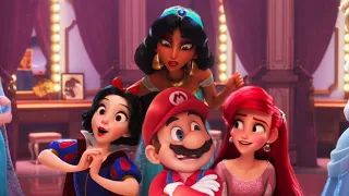 Mario is with Disney princesses caught by his girlfriend Peach