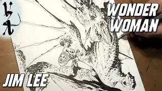 Jim Lee drawing Wonder Woman fighting a Dragon