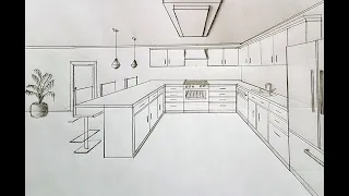 How to draw a kitchen in one point perspective