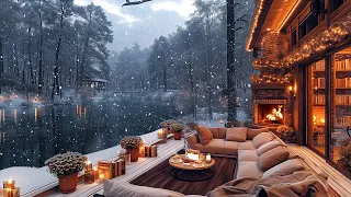 Morning Coffee Porch Ambience with Gentle Falling Snow ☕ Relaxing Jazz Instrumental Music