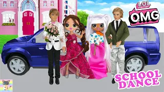 OMG DOLLS BFF GET READY ROUTINE FOR SCHOOL DANCE WITH PRETTY BARBIE DRESSES & LIMO at Dreamhouse!