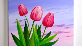 Easiest Way to Draw Tulip Flower | Acrylic Painting for beginner