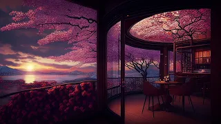 Japanese Lofi Music | Relax, Sleep, Chill. Japanese cafe with sakura, river and sunset