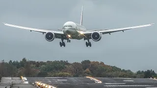 CROSSWIND LANDINGS during a STORM at Maastricht - Boeing 777, Airbus A350, A310 (4K)