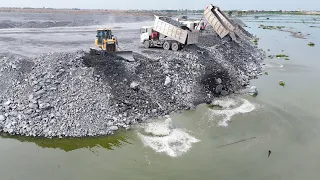 Incredible Big Lake Filling Stone by Wheel Loader, Bulldozer and Dump Truck Transport Stone in Water