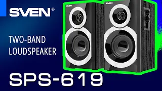 SVEN SPS-619 speakers with volume and tone controls on the side panel.