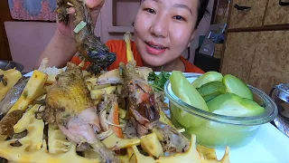 Village Local Chicken And Fresh Bamboo Shoot Salad || Boiled Chayote Mukbang
